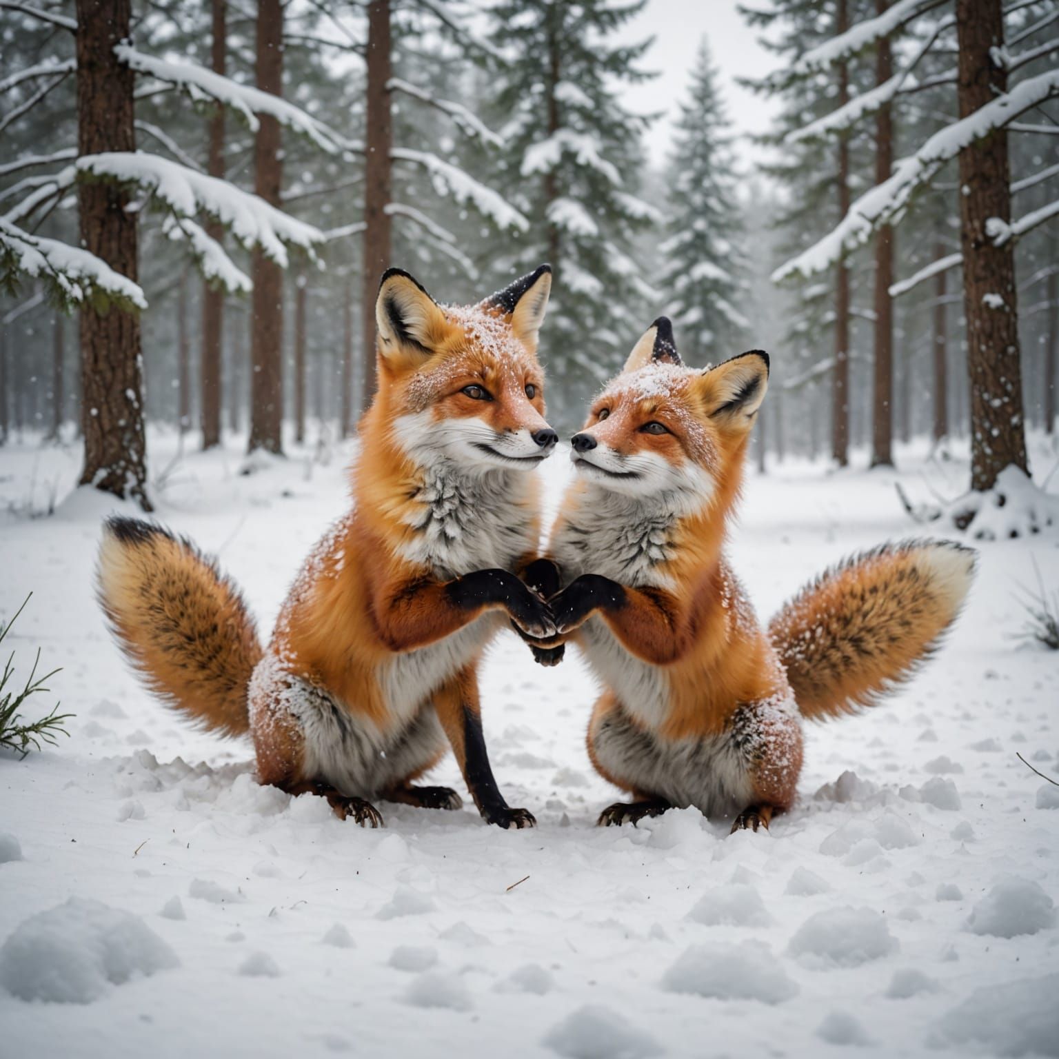 Whimsical Foxes Playing in Winter Snow