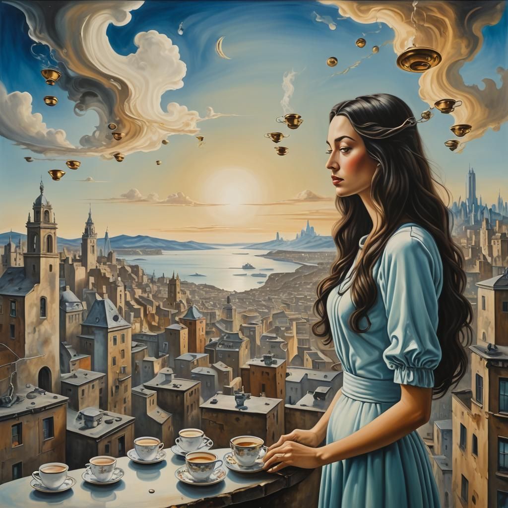 Surreal Cityscape with Floating Teacups