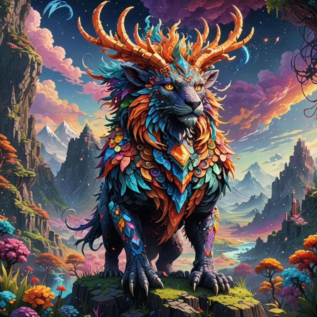 Fantastical Creature in Bright Pixel Art Landscape