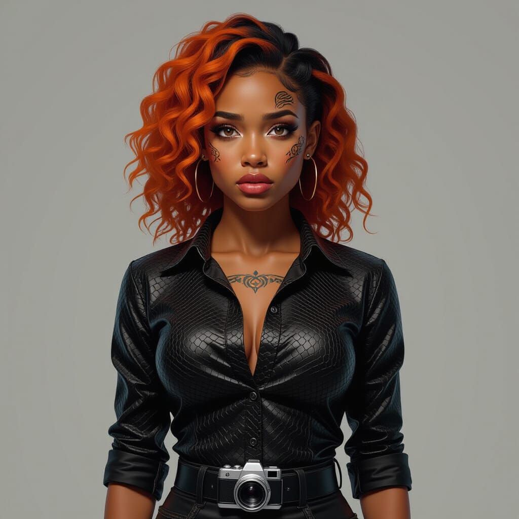 Terrified POC Woman With Orange Hair and Facial Branding