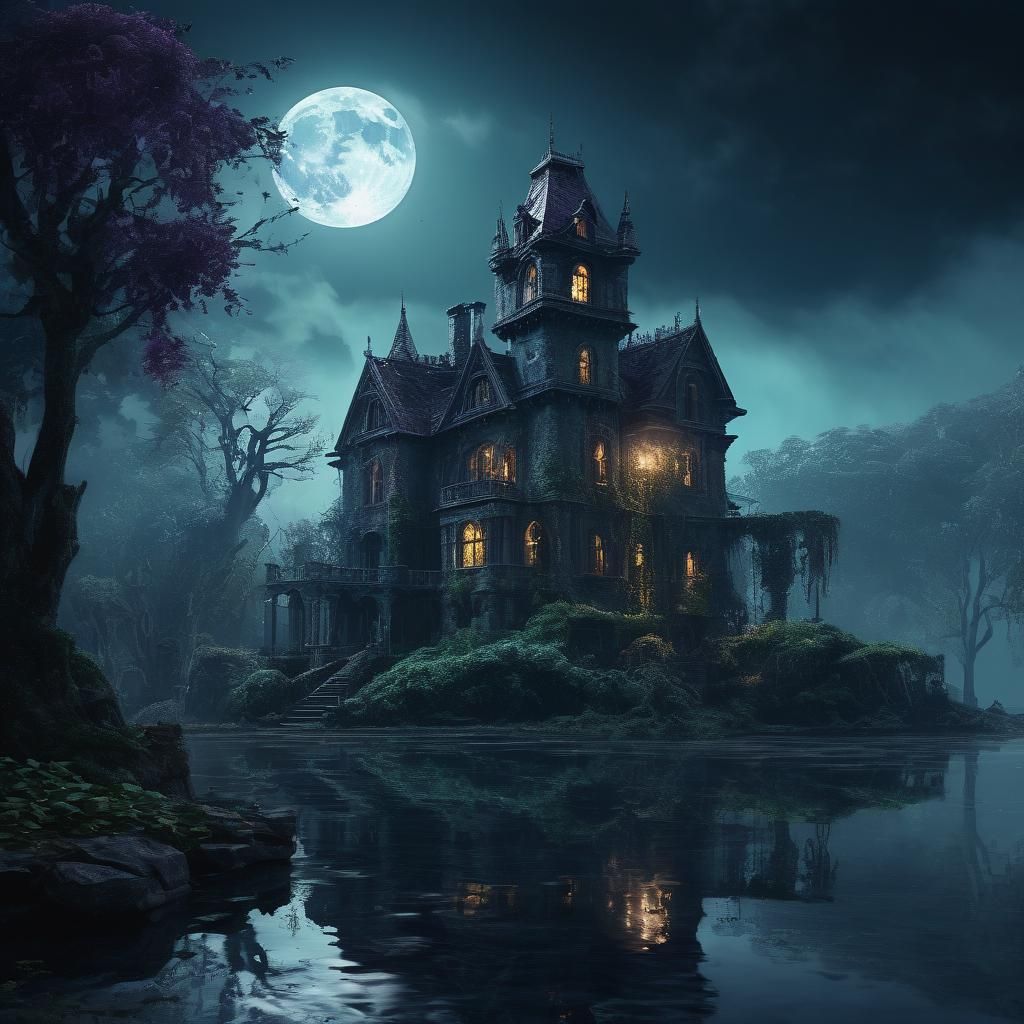 Eerie Haunted House by Lake Under Moonlight