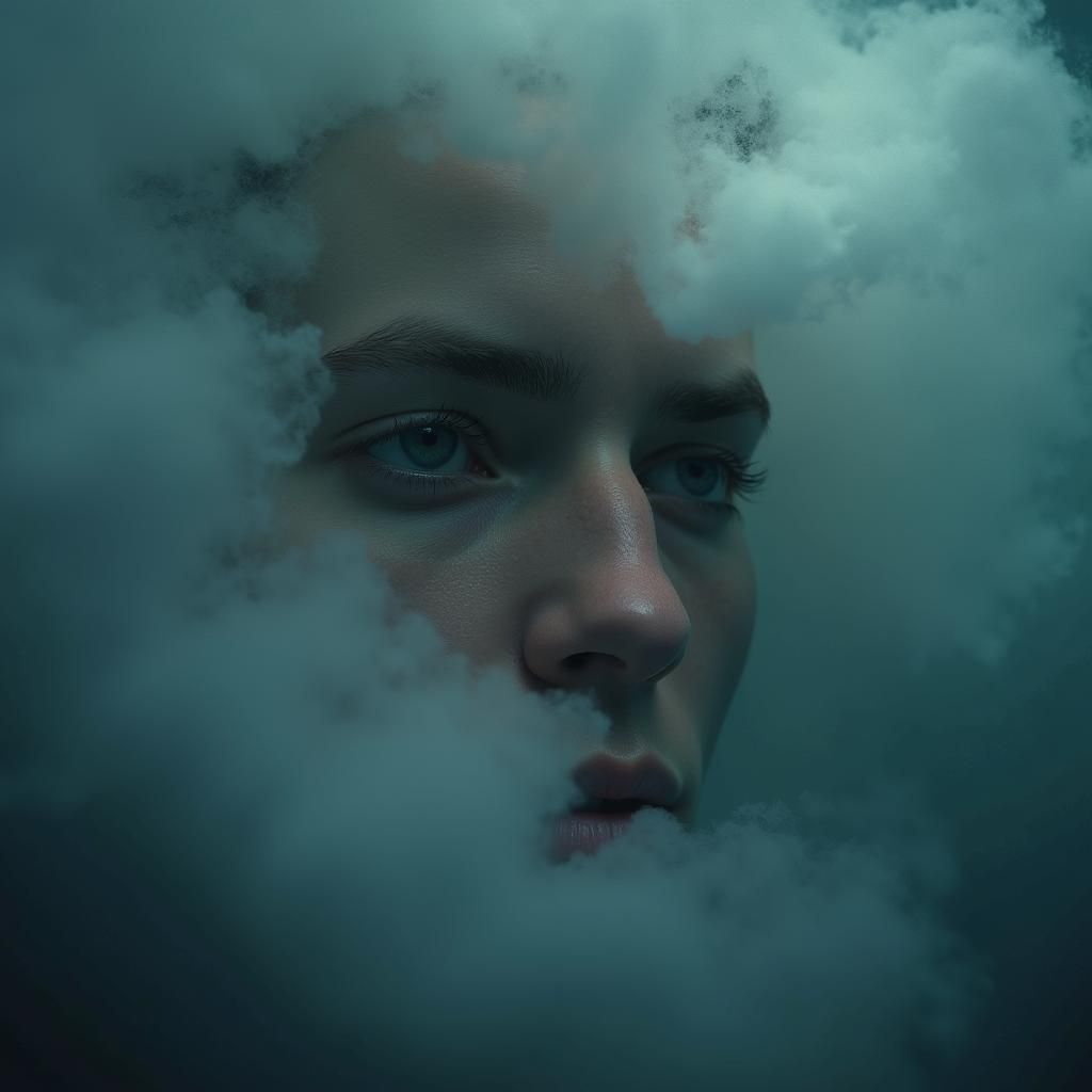 Surreal Portrait of a Person Swimming in Clouds