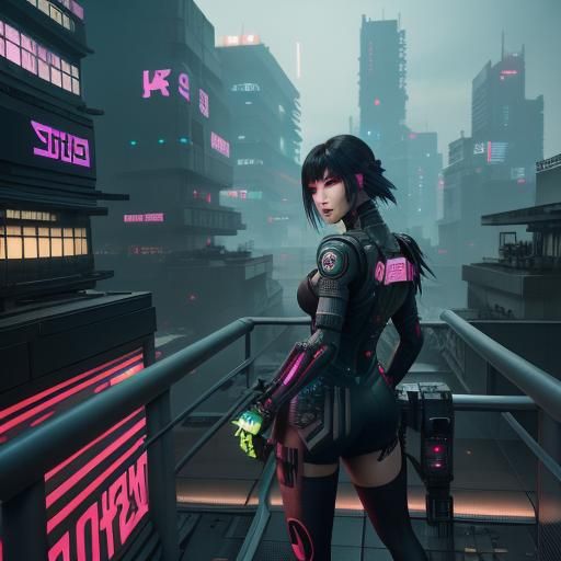 Gothic Japanese Girl in Cyberpunk Rooftop Garden