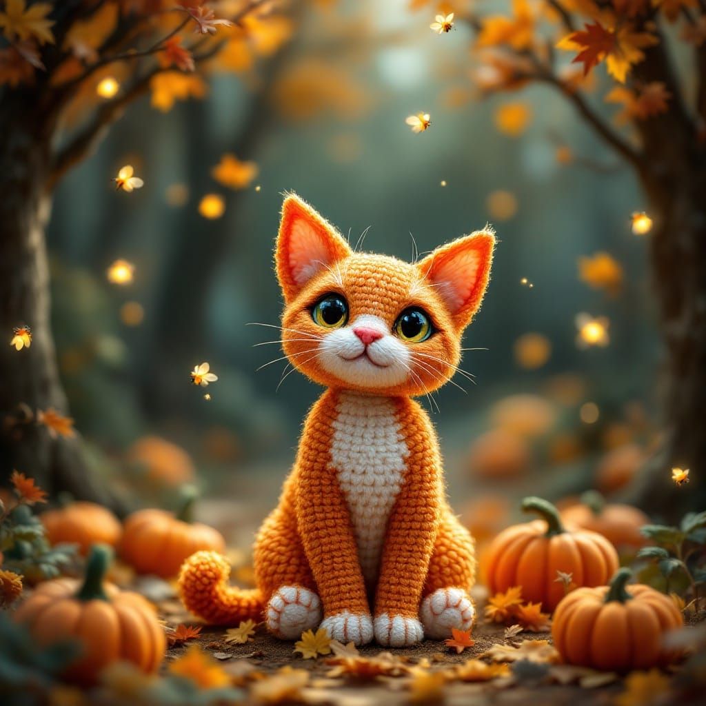 Vibrant Crocheted Feline Surrounded by Fall Accents in a Whi...