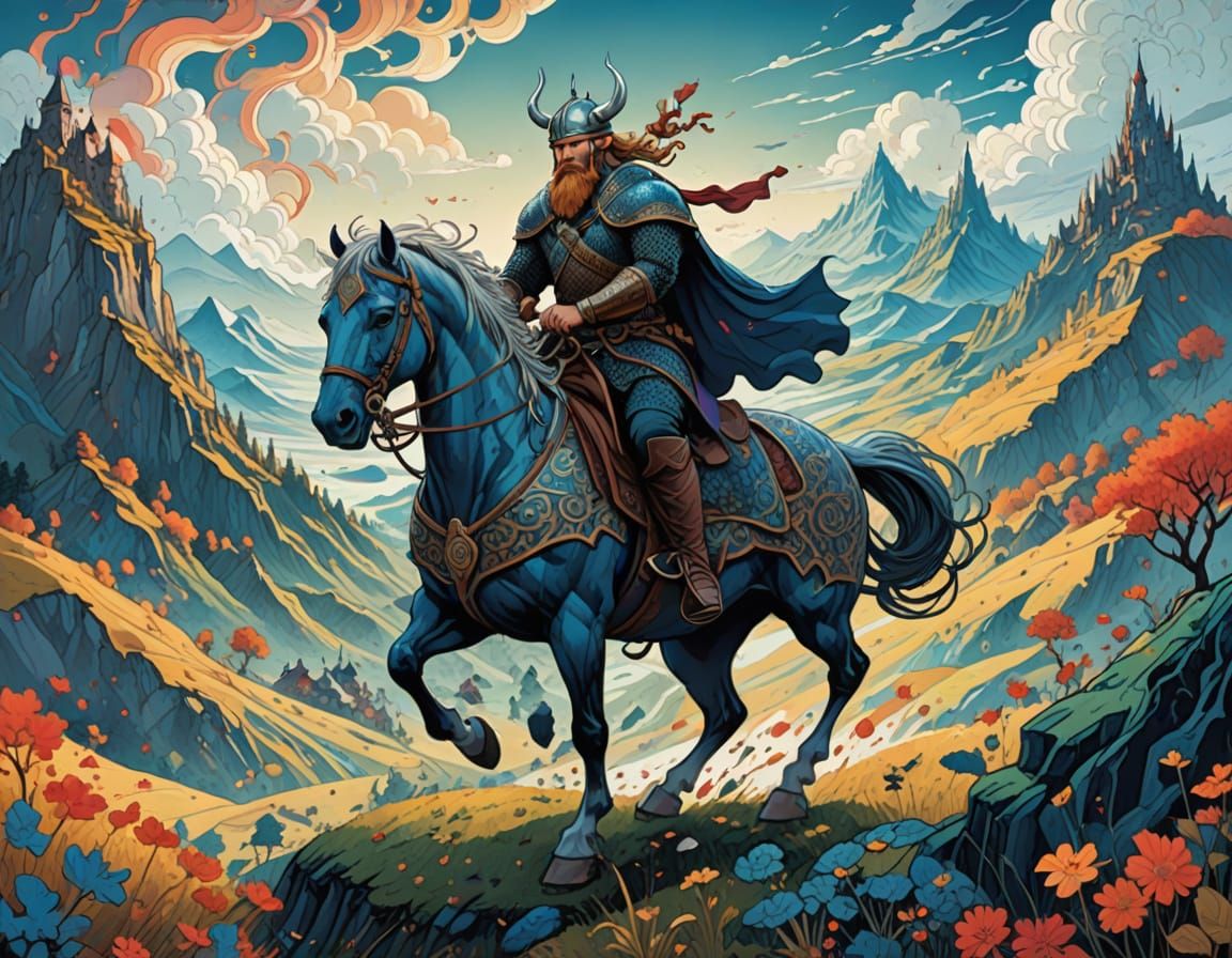 Viking Warrior Rides Horse Over Hill to Viking Village in Wh...