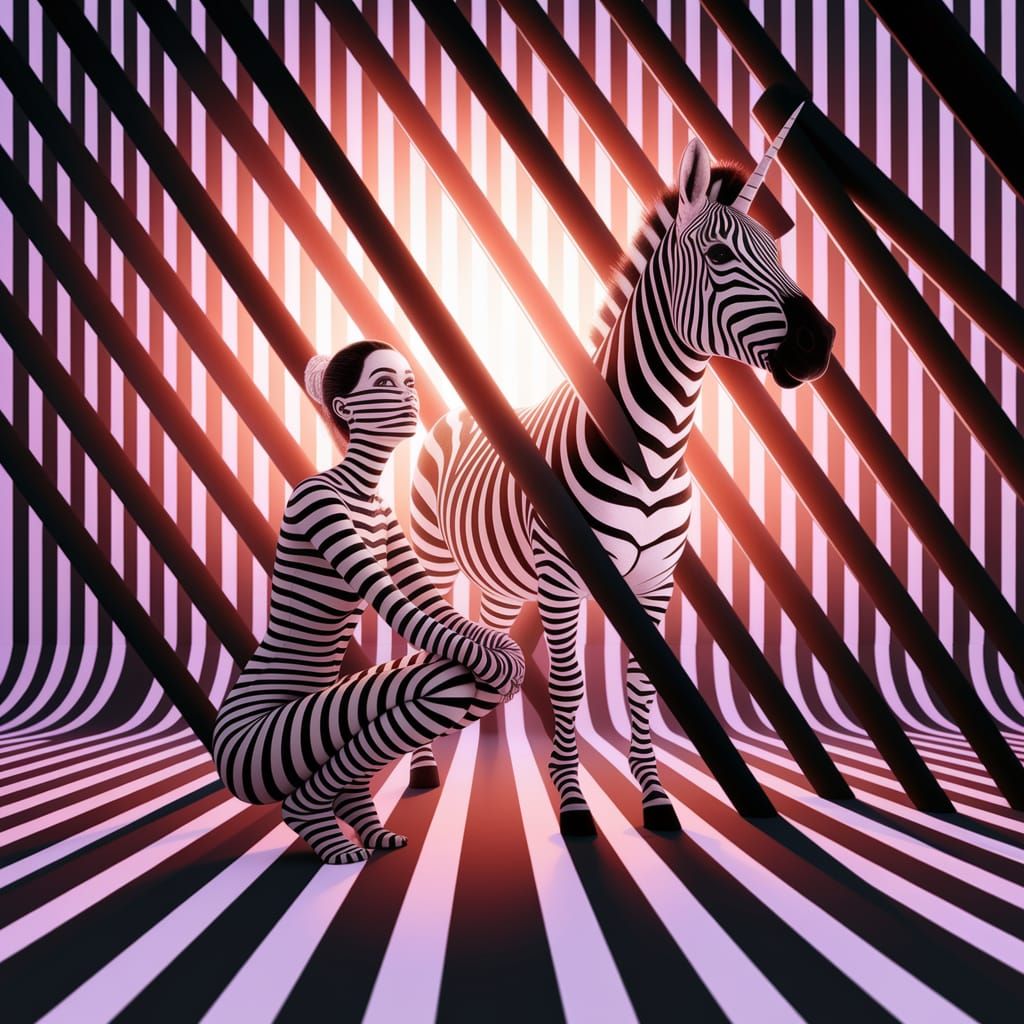 Surreal Black and White Striped Figure in Merging Pattern wi...