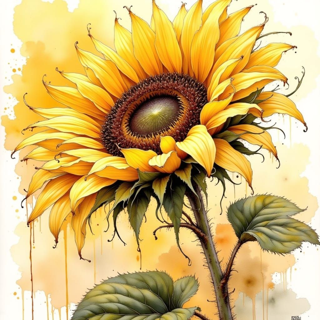 Intricate Sunflower with Steampunk Accents in Abstract Ink S...