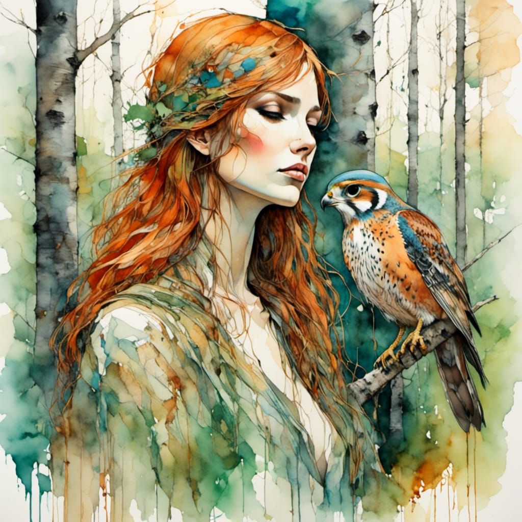 Boho Druid Priestess in Birch Forest, Watercolor and Ink