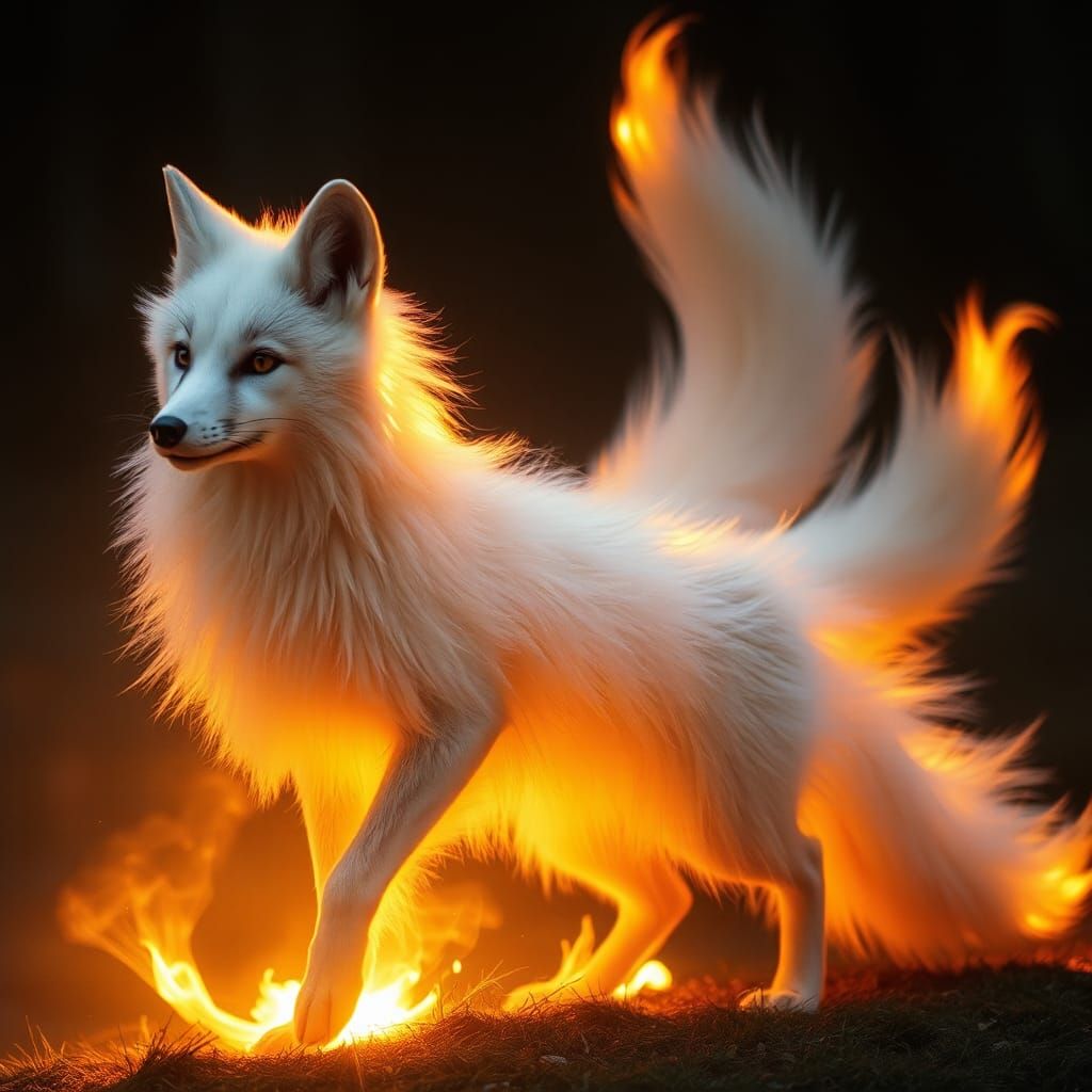 Mythical White Fox with Fiery Tails in Cinematic Light
