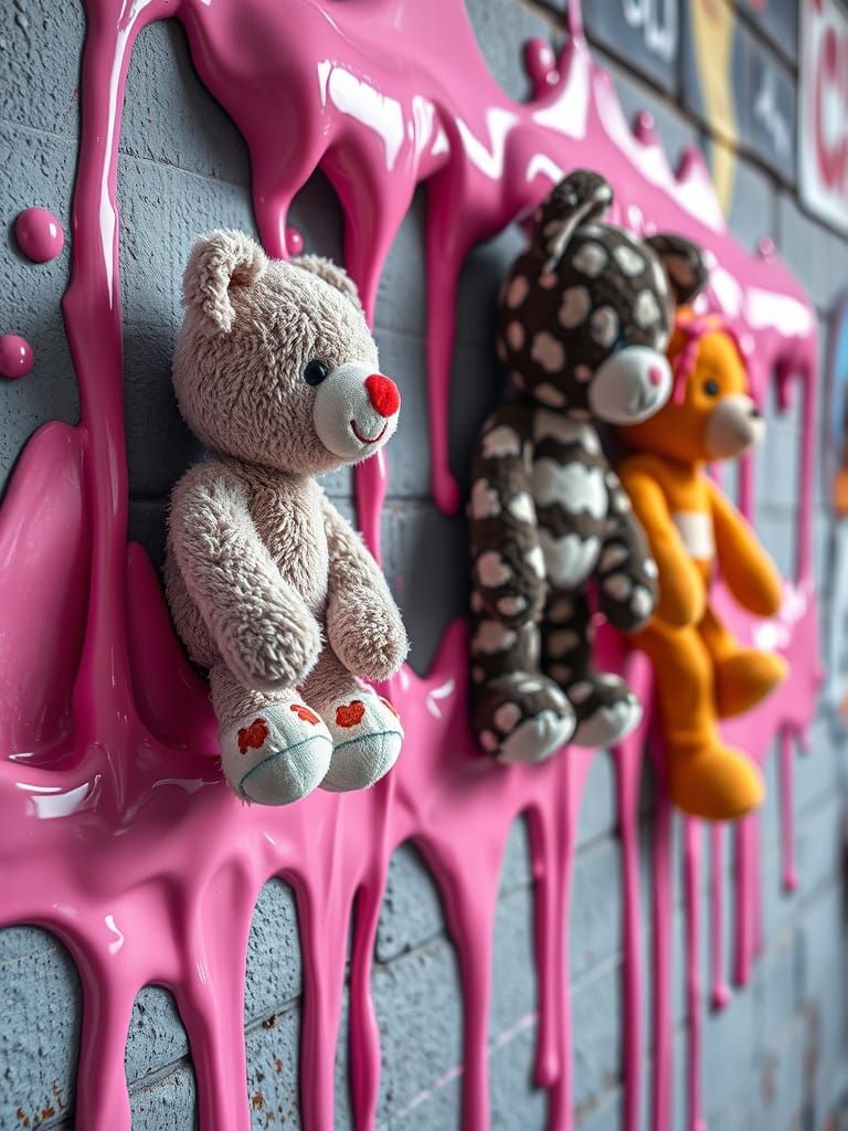 Vibrant Street Art: Stuffed Animals in a Sea of Pink