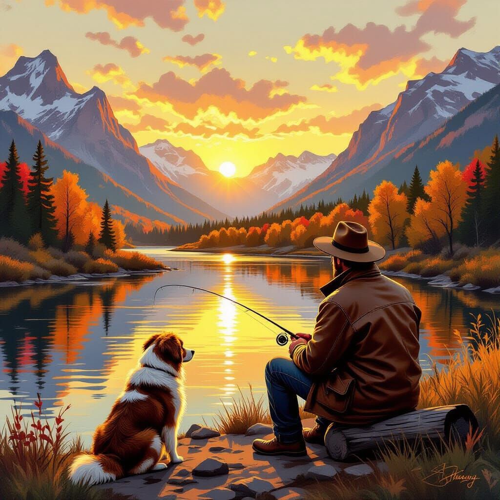 Golden Hour Fishing: Man and Dog by Serene River