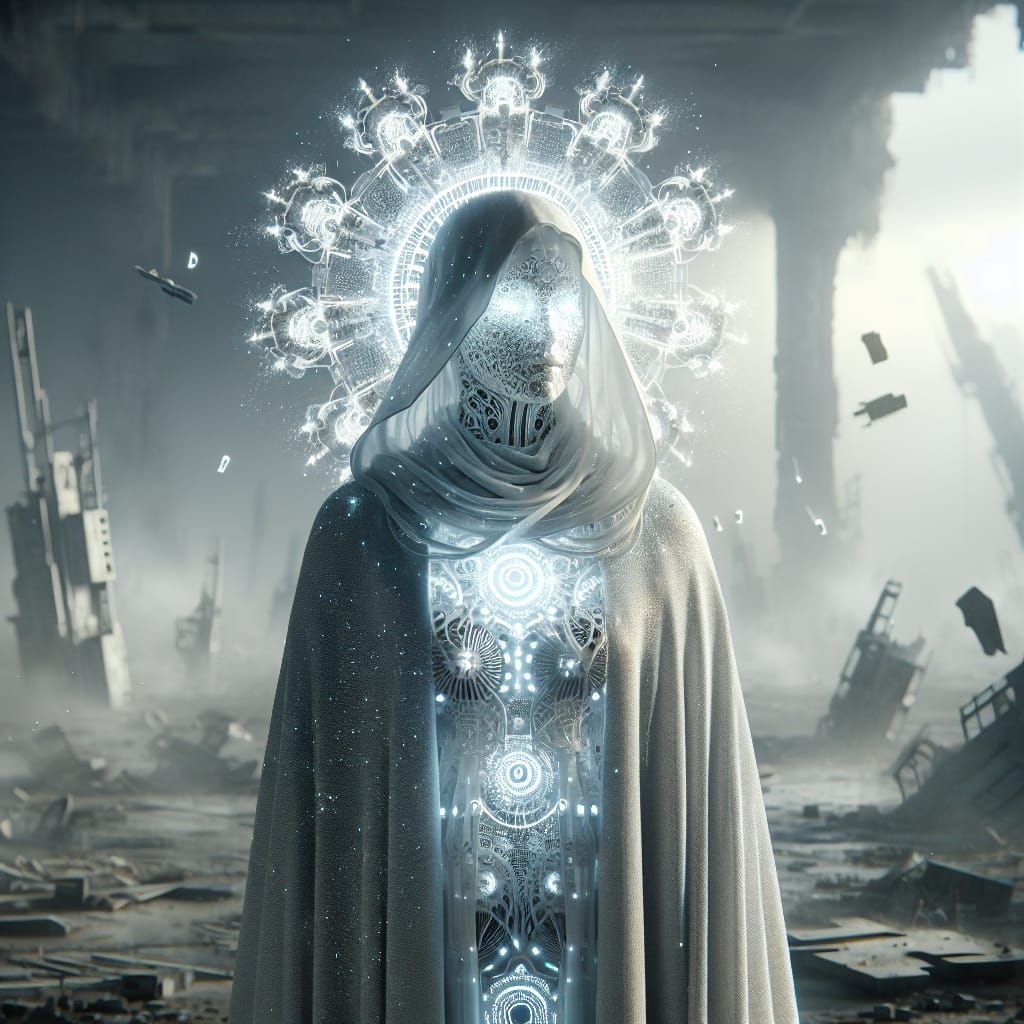 Ethereal Hispanic Figure in Dystopian Sci-Fi Landscape