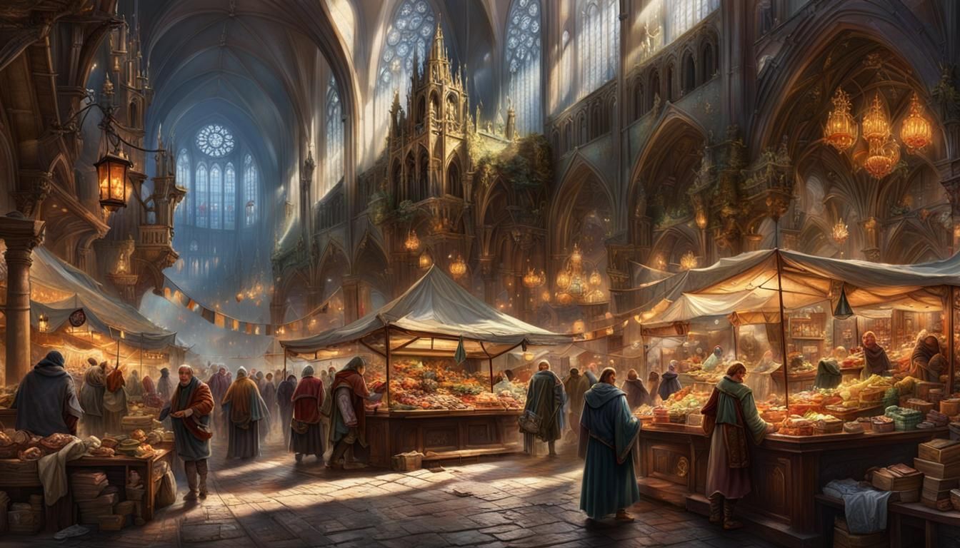 Vibrant 1400s Fantasy Market Scene in Maximalist Style