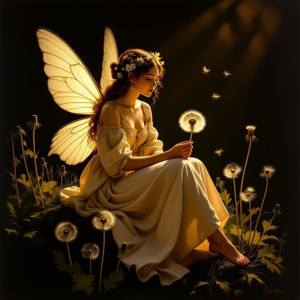 Fairy on Dandelion with Golden Light, Baroque Style