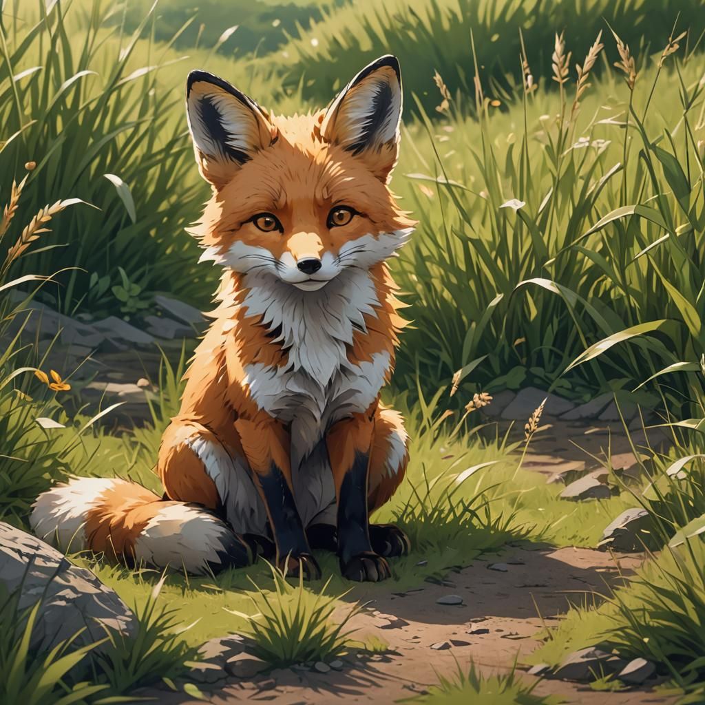 Anime Fox in Grassy Plain, Cel-Shaded Style