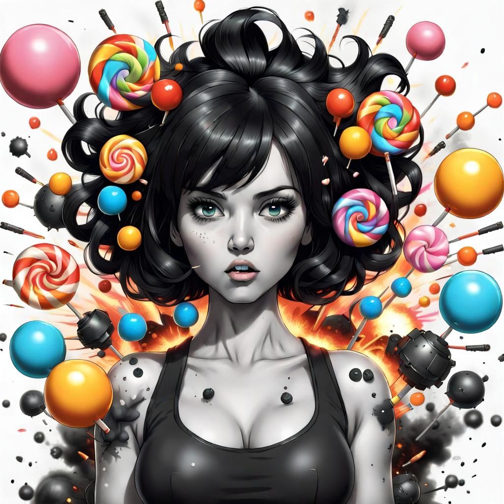 Woman with Candy and Exploding Cartoon Bombs