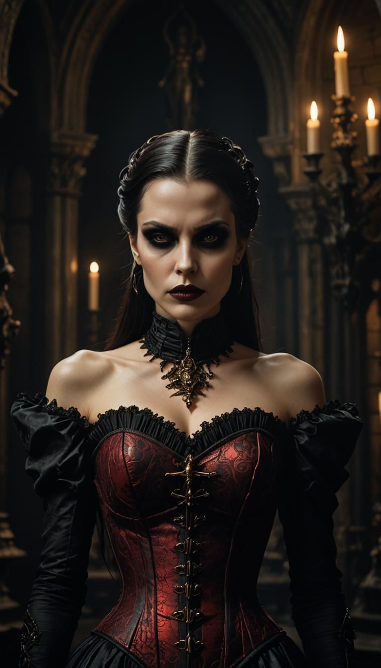 Gothic Vampire in Candlelit Castle Chamber