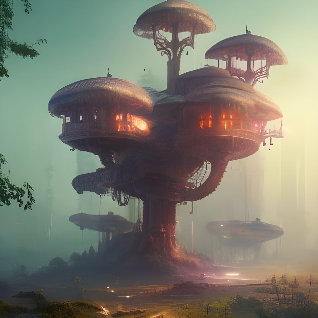 Cyberpunk Treehouse in Blossom Tree with Ethereal Lights