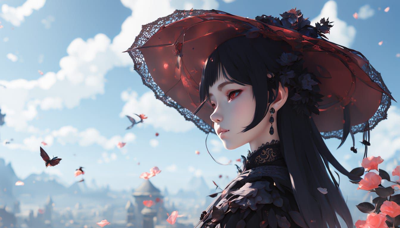 Gothic Anime Girl with Rose, 3D Render