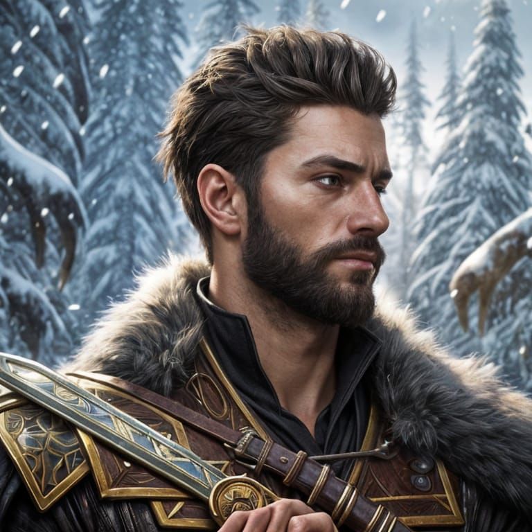 Fantasy Winter Bard Warrior Portrait in Hyperdetailed Style