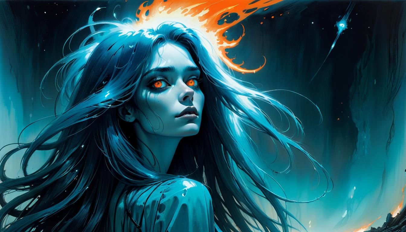 Blue Flame Girl in Sci-Fi Surrealism