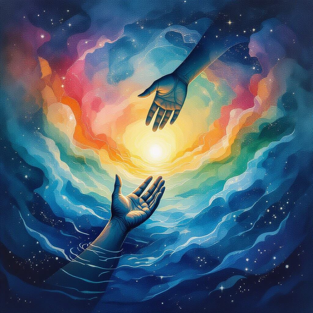 Abstract Watercolor: Hand Reaching from Dark Water to Colorf...