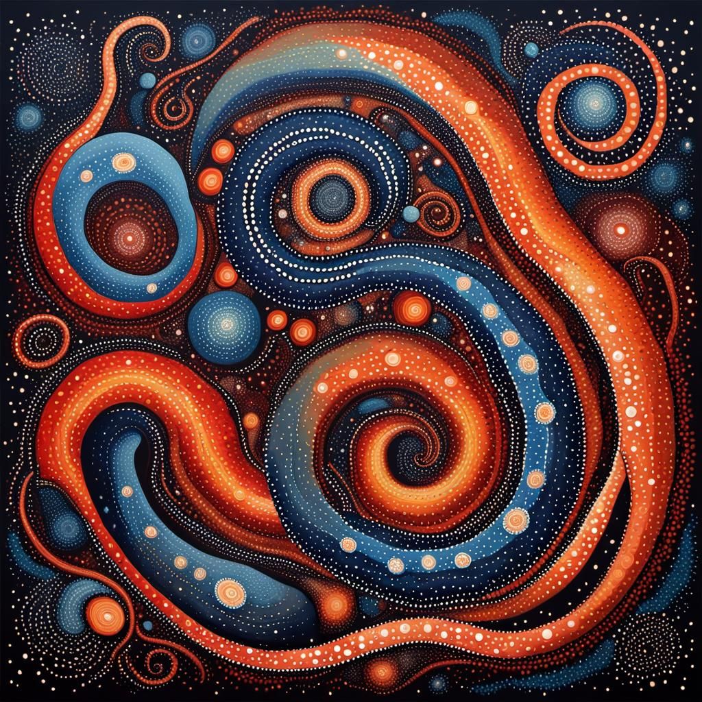 Cosmic Serpent in Aboriginal Dot Painting Style