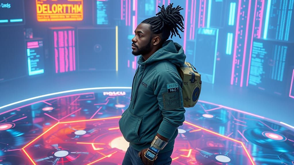 Afro-Dominican Tech Prophet in Cyberpunk Style