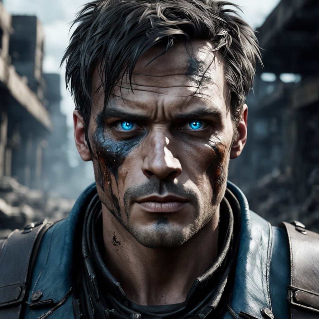 Intense Young Man in Post-Apocalyptic Battlefield