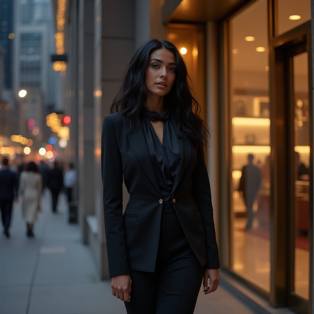 Hyper Realistic Photo of Woman in Business Suit at Dusk