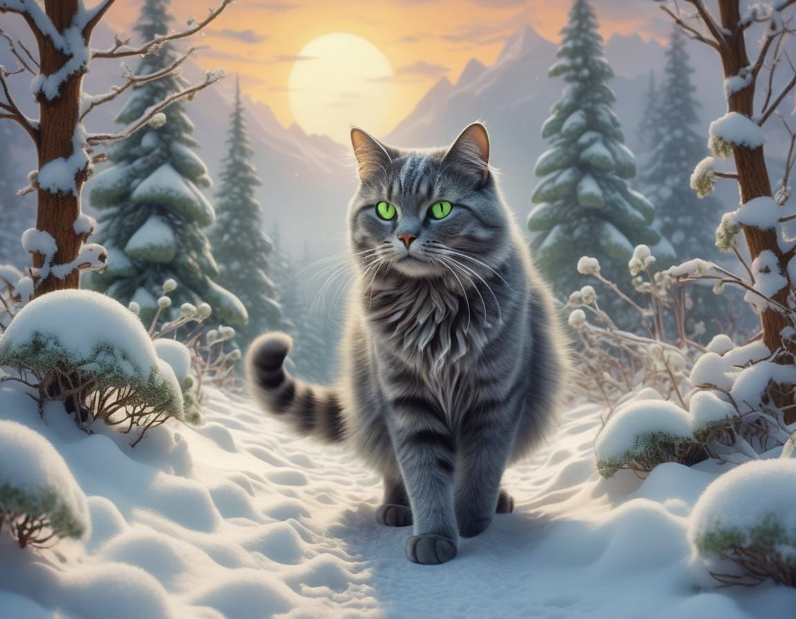 Gray Cat Amidst Snowy Bushes in Dreamy, Hyperrealistic Style