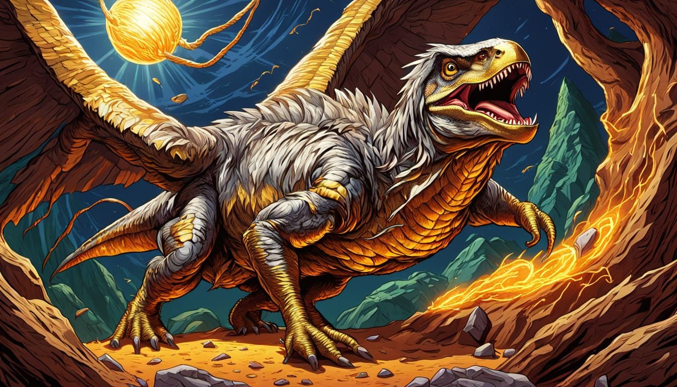 Tinfoil Raptor Chasing Yarn, Comic Book Style