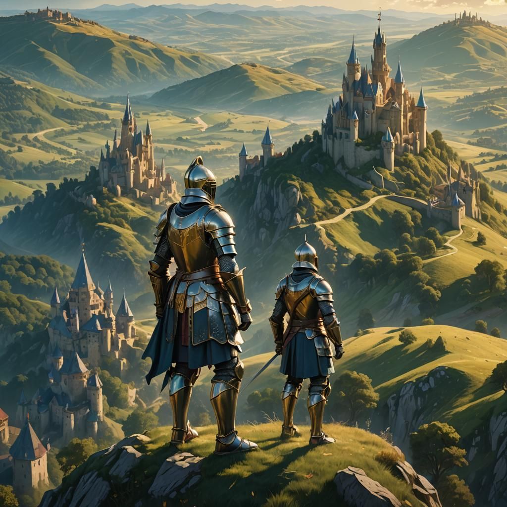 Renaissance Knight Overlooks Fantasy Landscape