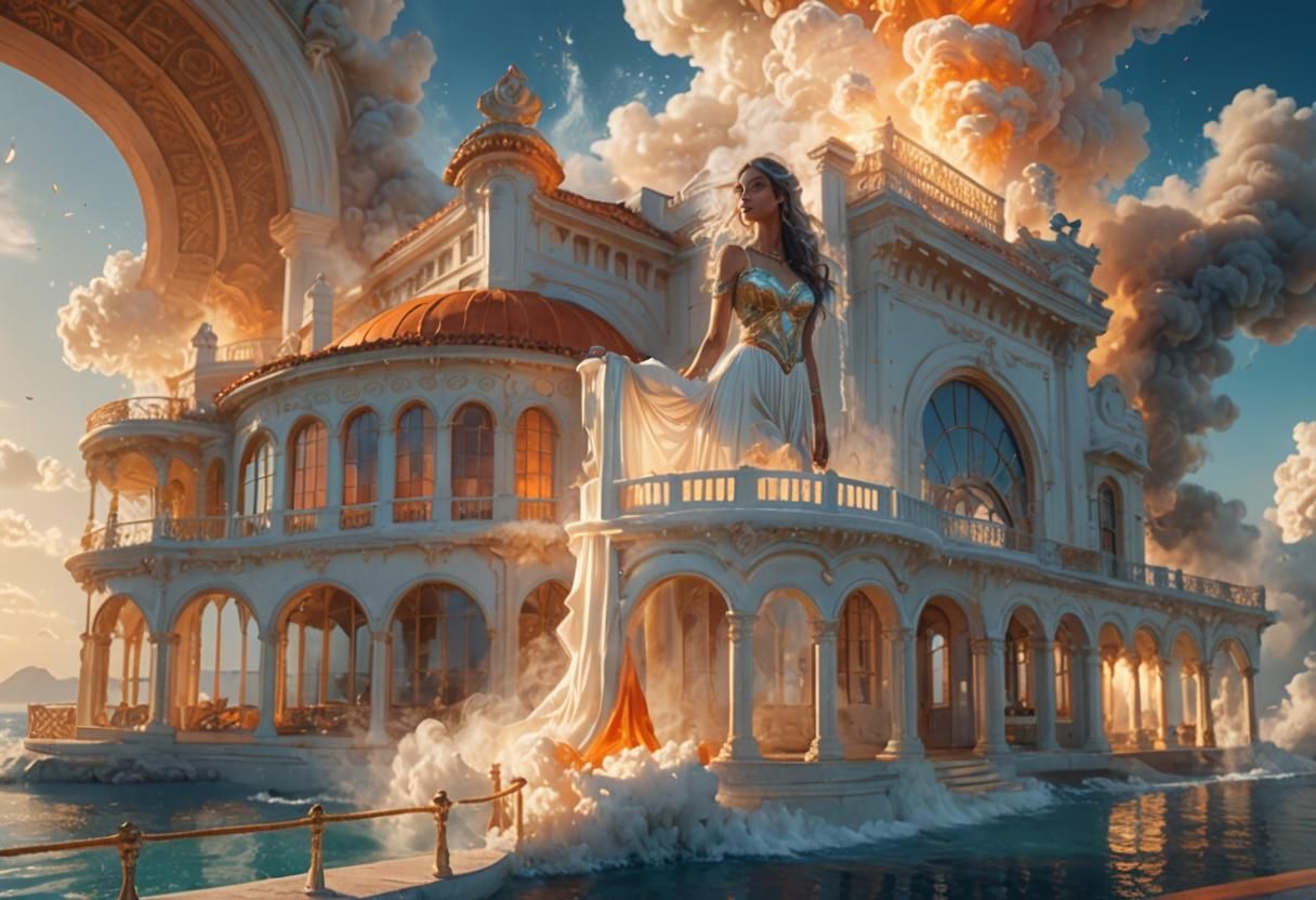 Mystical Woman in Silk in Ocean Villa