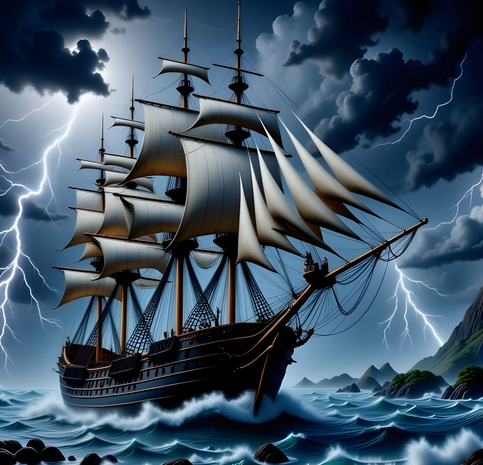 The tall ship is tossed by the storm