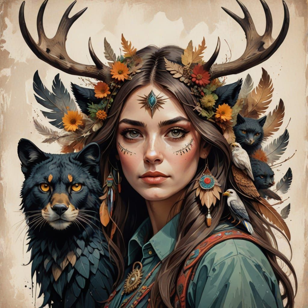 Surreal Woman Portrait with Animal Features and Antlers