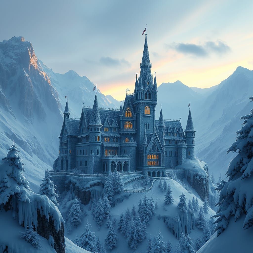 Ethereal Winter Castle Amidst Snow-Capped Mountains