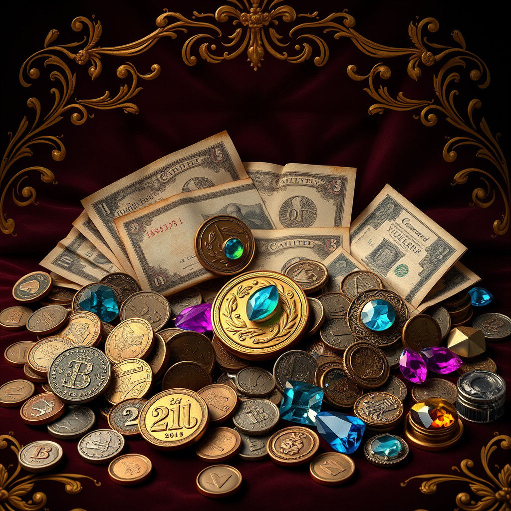 Vintage Coins and Gemstones on Velvet Background
