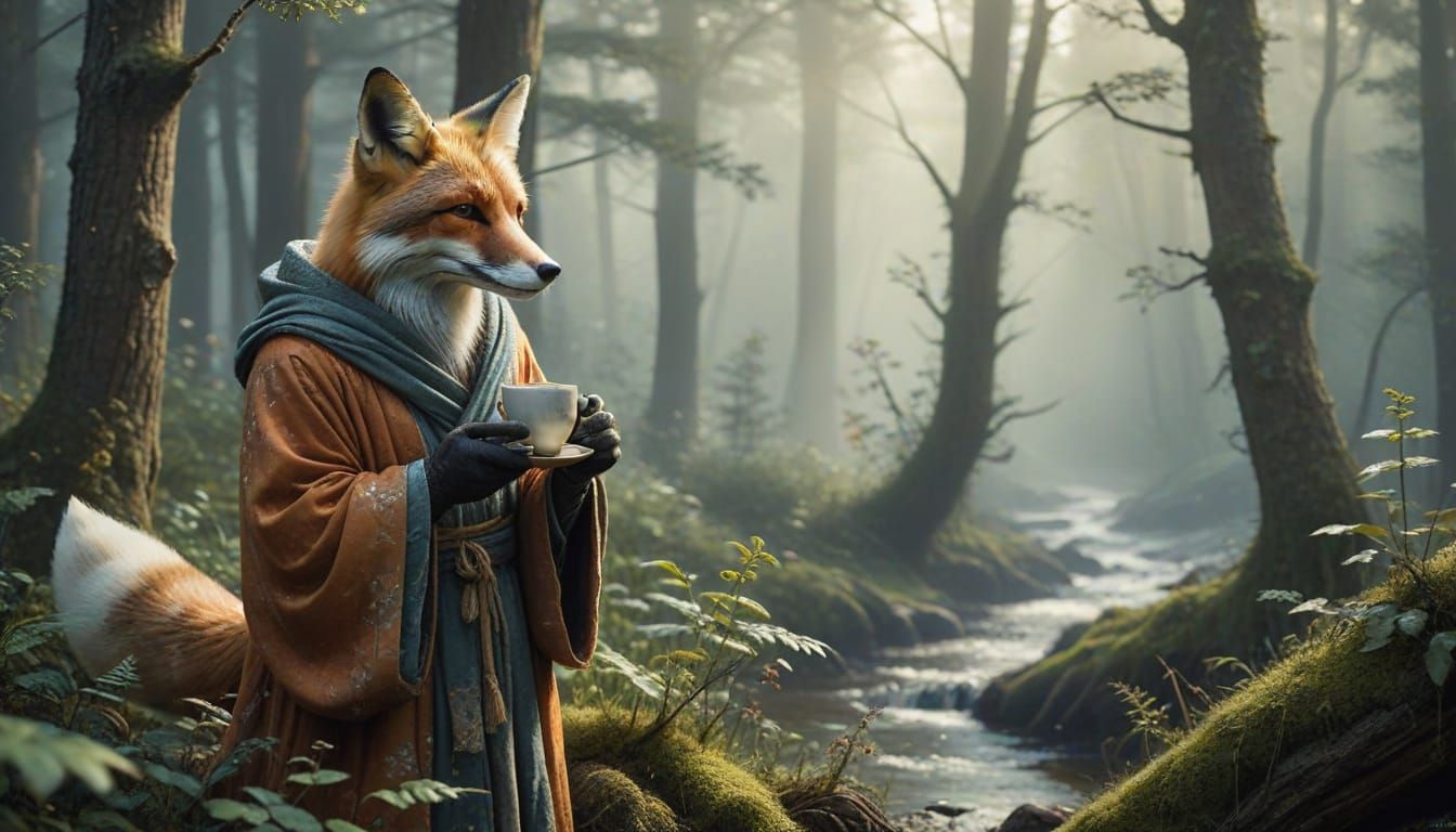 Wise Fox in Forest with Coffee, Watercolor Art