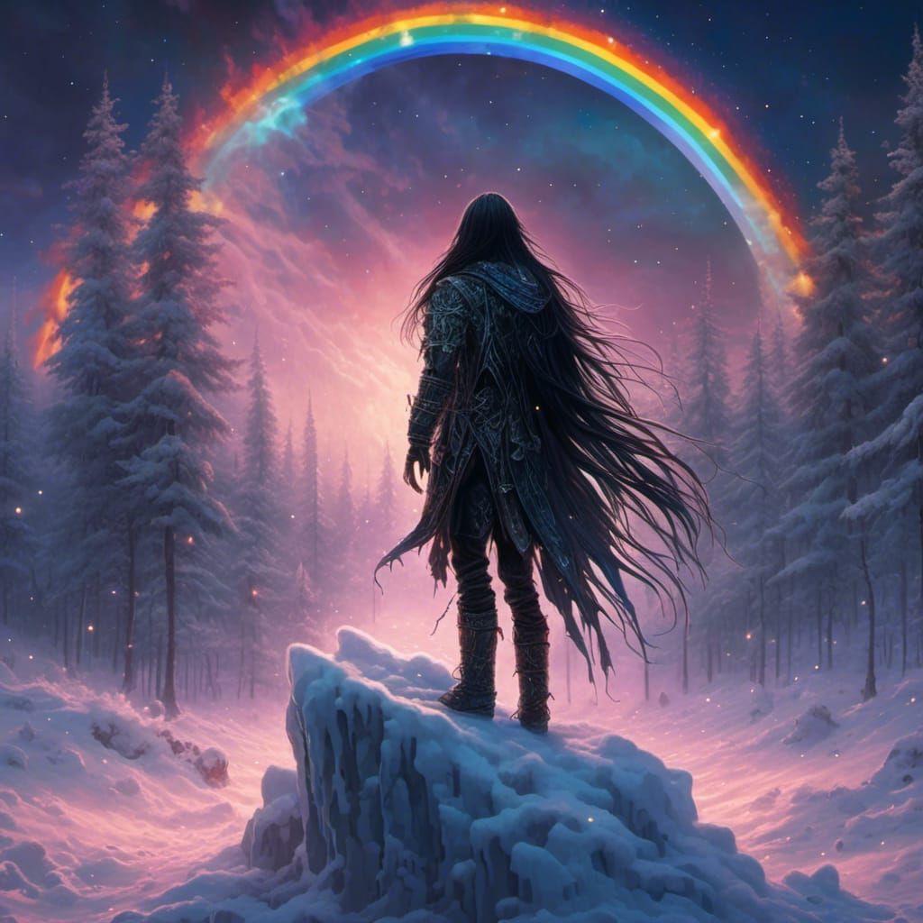 Metalhead Under Northern Lights with Rainbow Sparkle
