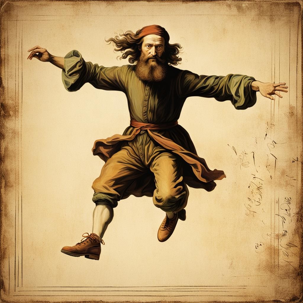 Hipster Model Leaping Upwards in Renaissance Style