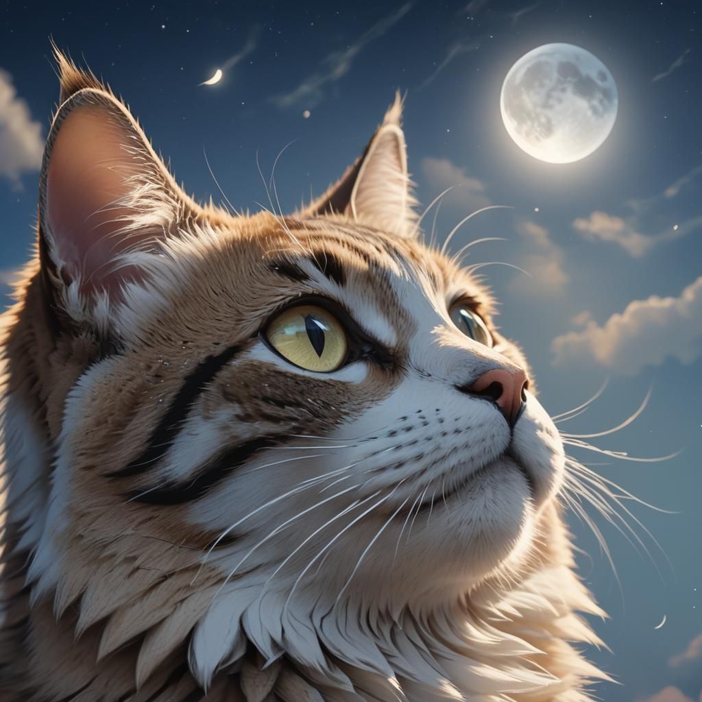 Anime Cat Portrait with Moonlit Sky in 3D