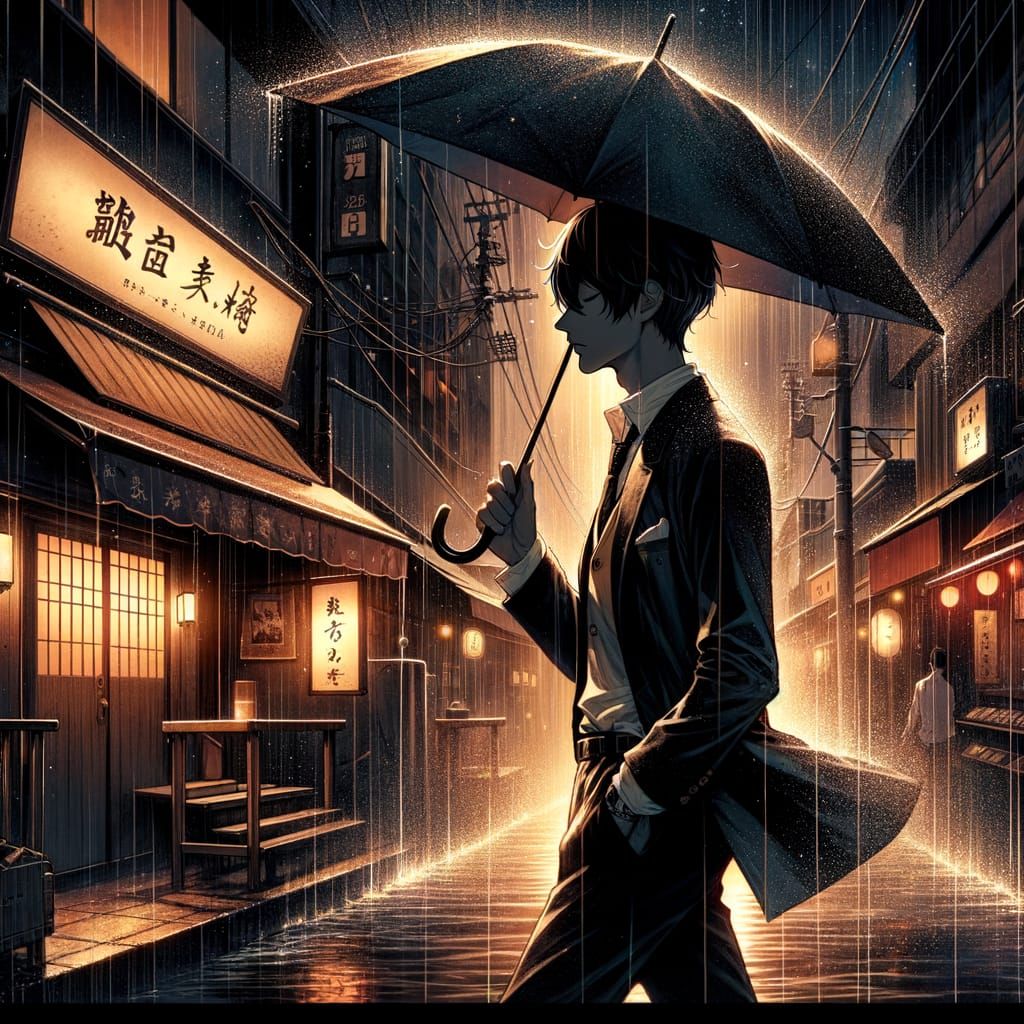 Melancholic Manga Character Walks in Rain, Looking Back at S...