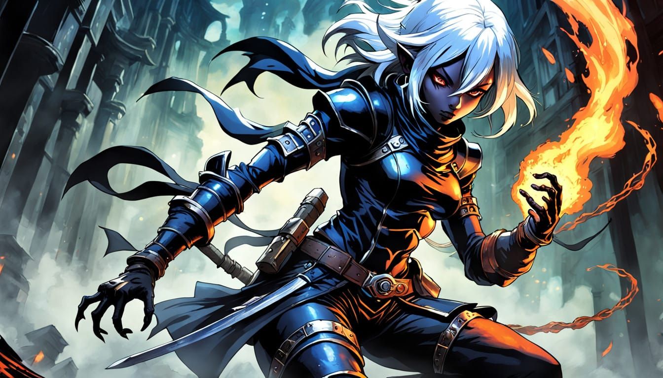 Voluptuous Drow Rogue in Fiery Inferno, Cyberpunk Digital Ar...