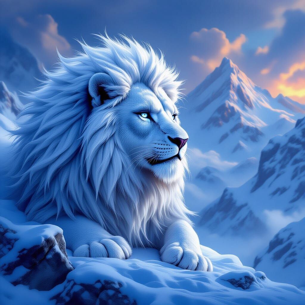 Majestic Snow Lion Over Frosted Mountains