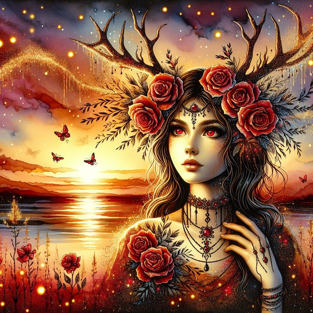 Girl with Rose Antlers in Romantic Sunset