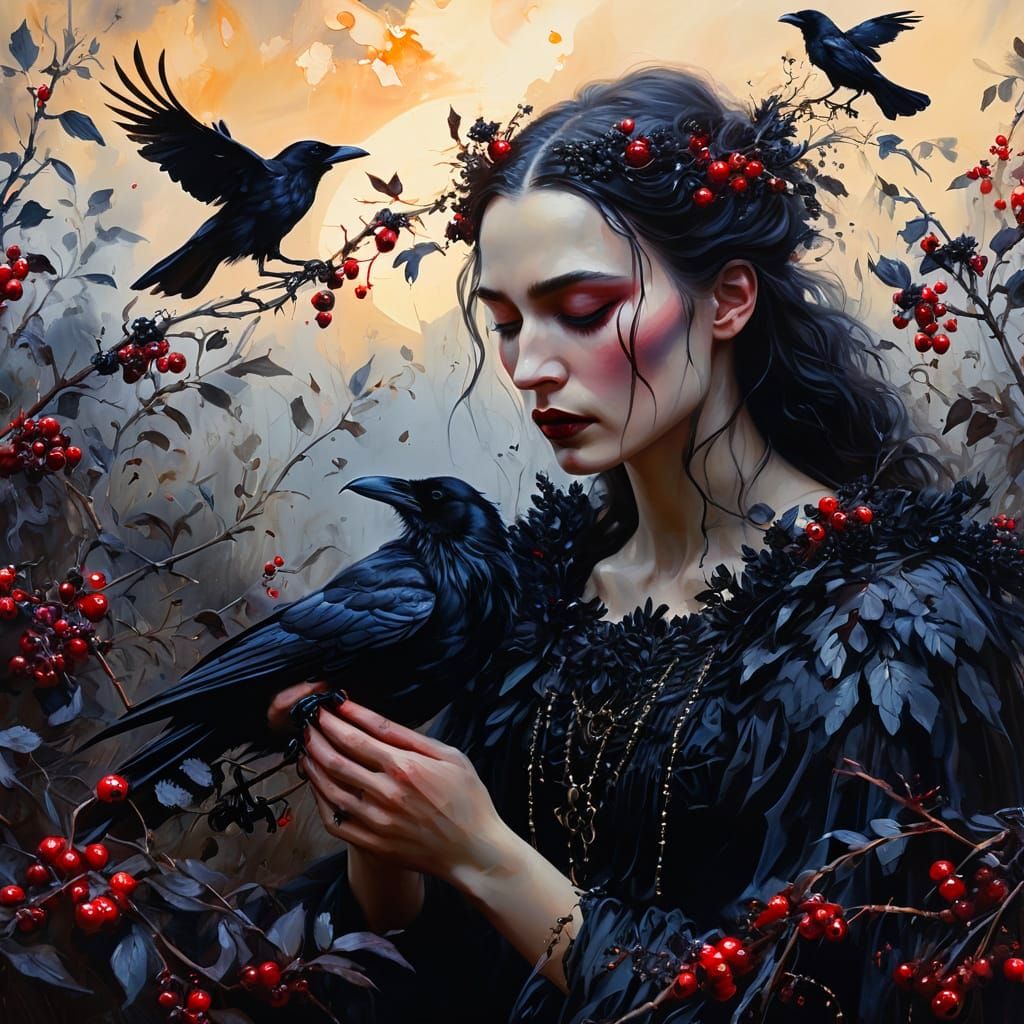 Gothic Woman with Raven Wings in Surrealist Style
