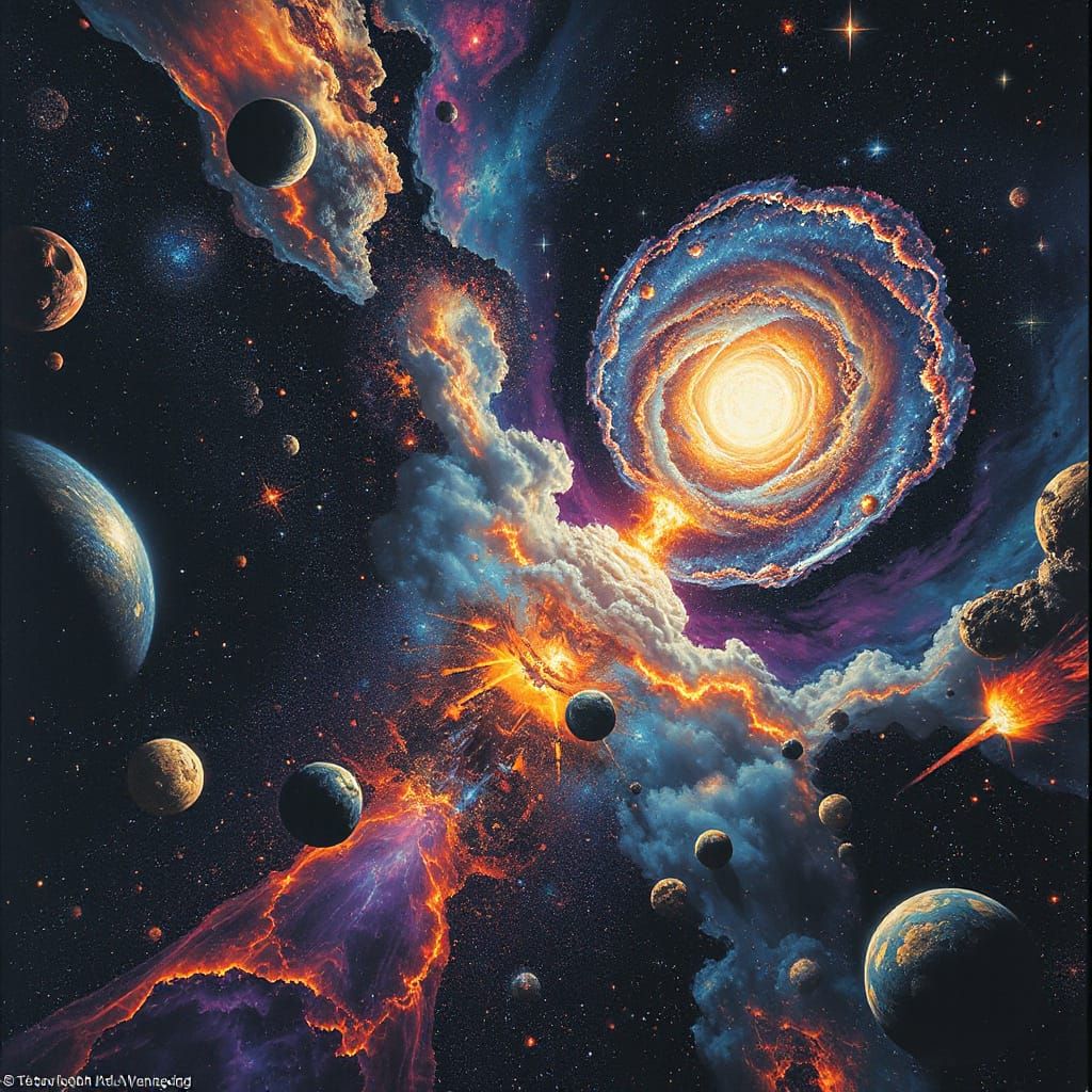 Vibrant Universe with Swirling Galaxies in Surreal Style