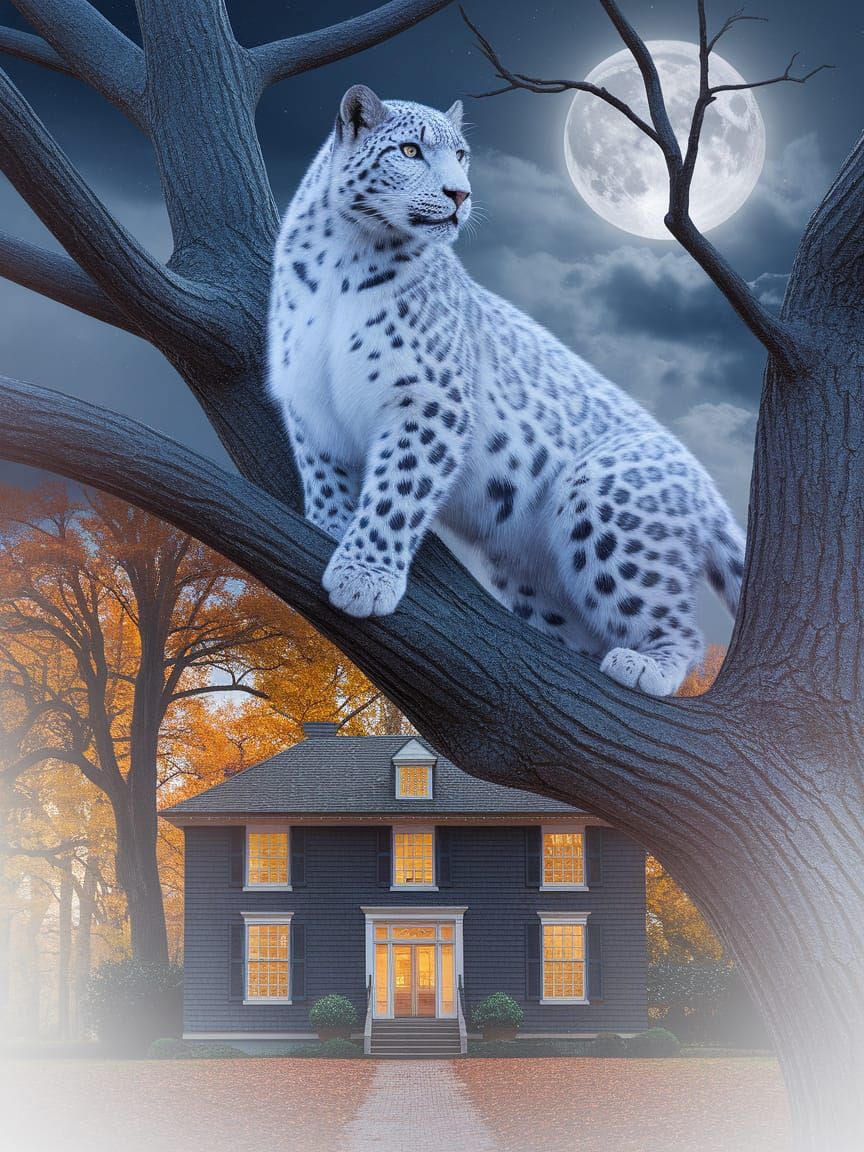 Snow Leopard in Tree Double Exposure Oil Painting