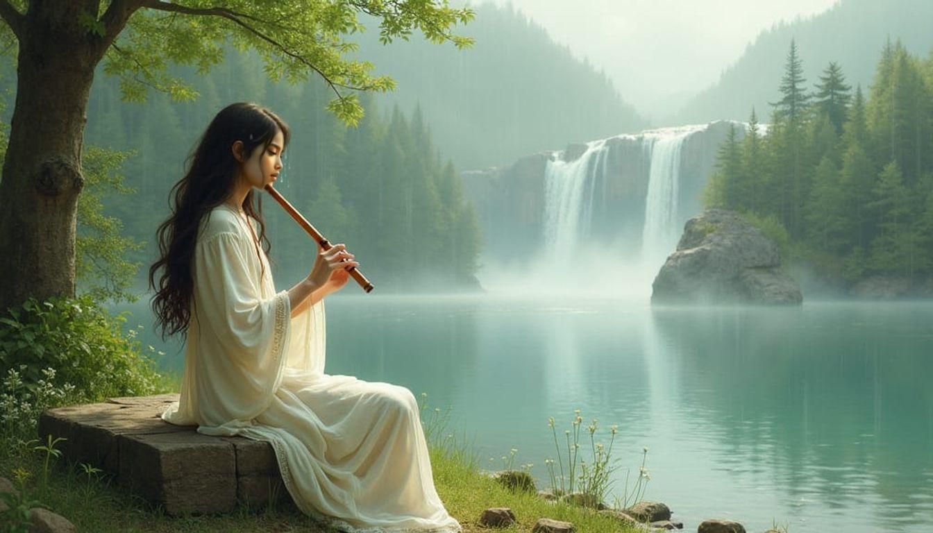 Girl Playing Flute by River Waterfall